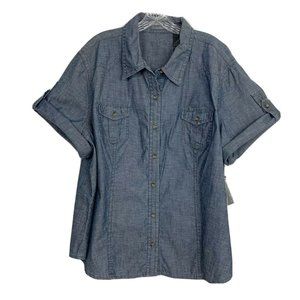 Chambray Denim Button Down Roll Tab Sleeve Top 3X